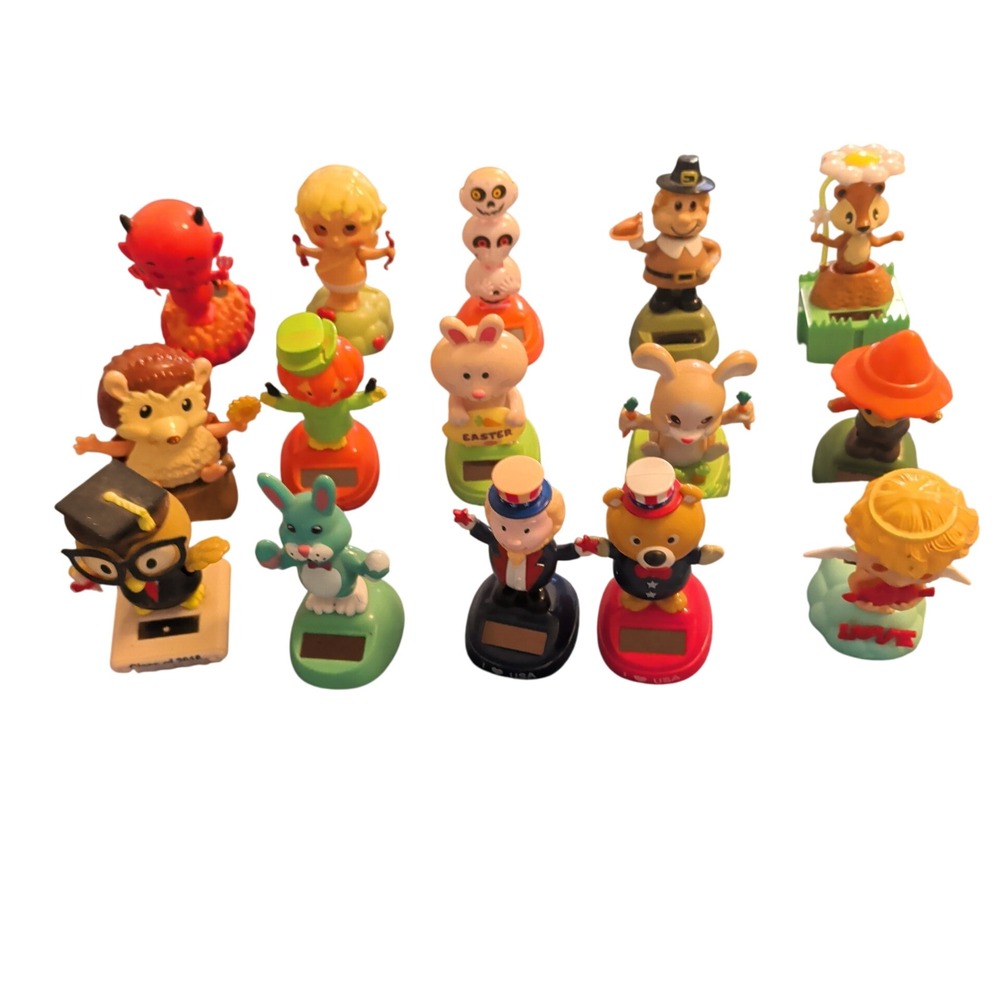 Solar Bobblehead Figures Lot 15pc Multicolor Holiday Seasonal Plastic